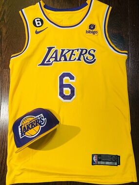 🔥 Rare Nike Los Angeles Lakers #6 LeBron James Gold Icon Swingman Jersey + hat